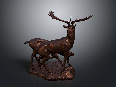 Bronze Deer Sculpture With Adult Deer And Fawn Standing On Ornate Base 3d model