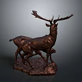 Bronze Deer Sculpture With Adult Deer And Fawn Standing On Ornate Base