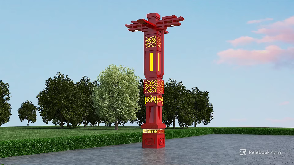 Red Chinese Style Outdoor Light with Golden Patterns Eave Top in Green Trees and Grassland 3d model 