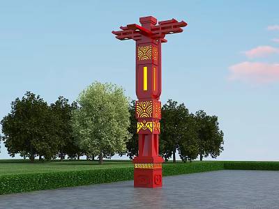 Red Chinese Style Outdoor Light with Golden Patterns Eave Top in Green Trees and Grassland 3d model
