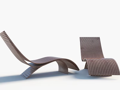 Two Modern Curved Lounge Chairs Featuring Striped Wooden Structure And Minimalist Design 3d model