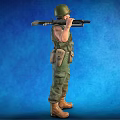 Realistic Military Character In Green Uniform With Tactical Vest Holding Rifle Against Blue Background