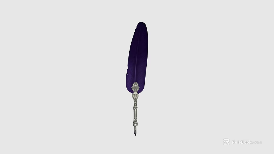 Elegant Purple Feather Quill Pen With Silver Ornate Metal Shaft Design And Craft 3d model 