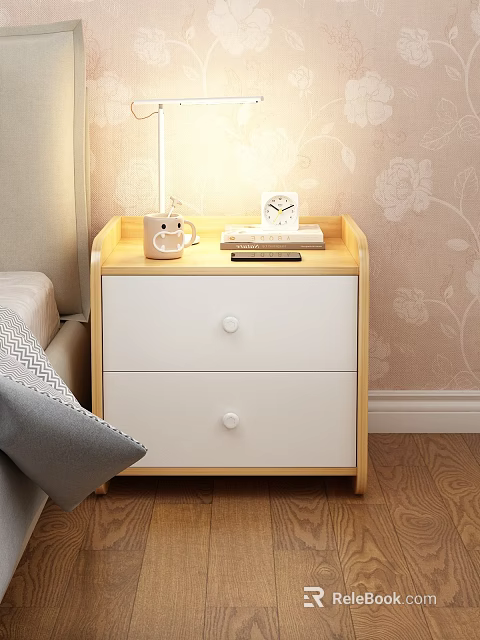 Simple Wooden Bedside Table With Two White Drawers Smiley Mug Alarm Clock And Books 3d model 