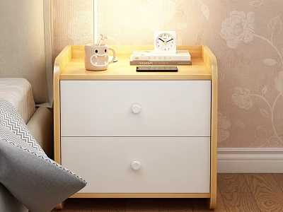 Simple Wooden Bedside Table With Two White Drawers Smiley Mug Alarm Clock And Books 3d model