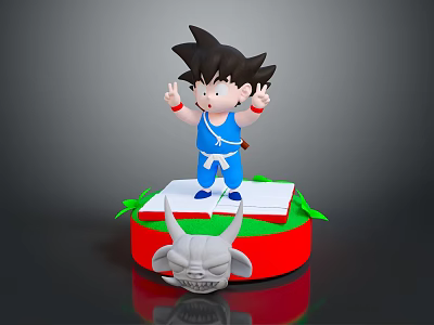 Cartoon Character Boy In Blue Outfit Standing On Red Base With Horned Creature Head 3d model