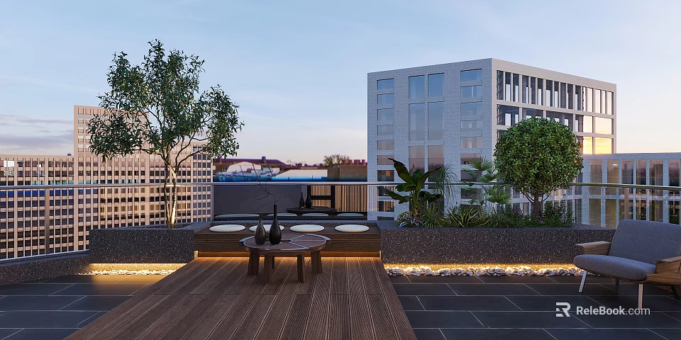 Serene Urban Rooftop Garden with Wooden Deck Leisure Seating and Lush Green Plants 3d model 