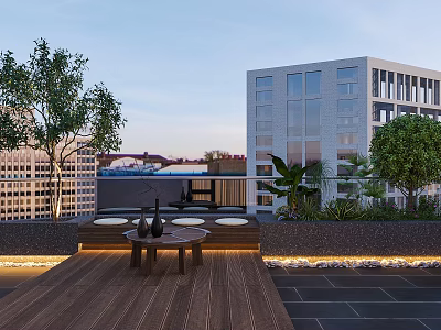 Serene Urban Rooftop Garden with Wooden Deck Leisure Seating and Lush Green Plants 3d model