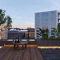 Serene Urban Rooftop Garden with Wooden Deck Leisure Seating and Lush Green Plants