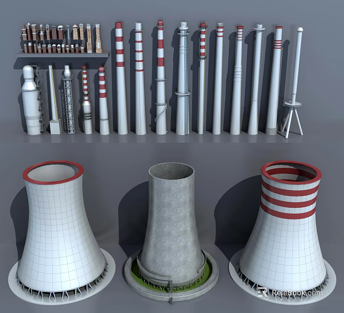Industrial Manufacturing Equipment Featuring White Gray Red Stripe Towers And Pipes 3d model 