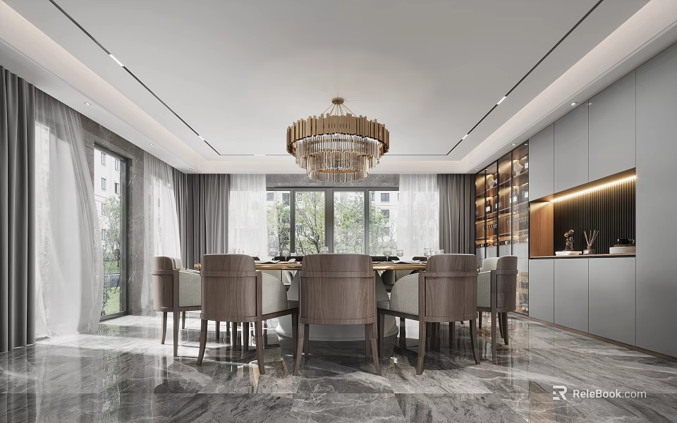 Elegant Modern Private Dining Room Interior With Dining Table Chairs Chandelier And Marble Floor 3d model 