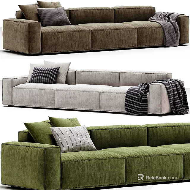 Stylish Sectional Sofa in Brown Gray Green with Decorative Pillows and Blanket 3d model 