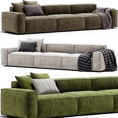 Stylish Sectional Sofa in Brown Gray Green with Decorative Pillows and Blanket 3d model