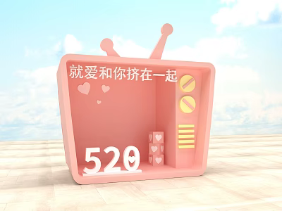 Pink TV Shaped Photo Spot With 520 Number Heart Decorations Cloudy Background And Wooden Floor 3d model