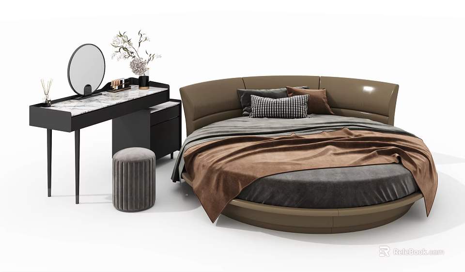 Modern Round Bed Interior with Brown Upholstery Dressing Table Mirror and Gray Stool 3d model 