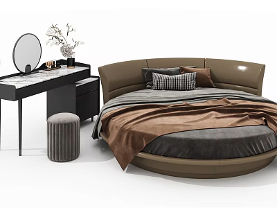 Modern Round Bed Interior with Brown Upholstery Dressing Table Mirror and Gray Stool 3d model