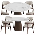Modern Round Marble Dining Table Set With Wooden Base And Beige Upholstered Chairs