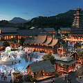 Traditional Commercial Street with Pagoda Illuminated Buildings Fountain Crowded People at Night and Mountain Views