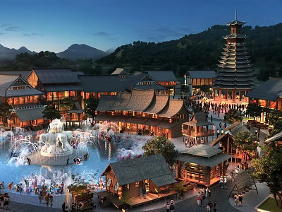 Traditional Commercial Street with Pagoda Illuminated Buildings Fountain Crowded People at Night and Mountain Views 3d model