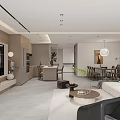 Modern Living and Dining Room Interior With Sofa TV Wall Open Kitchen And Pendant Lights