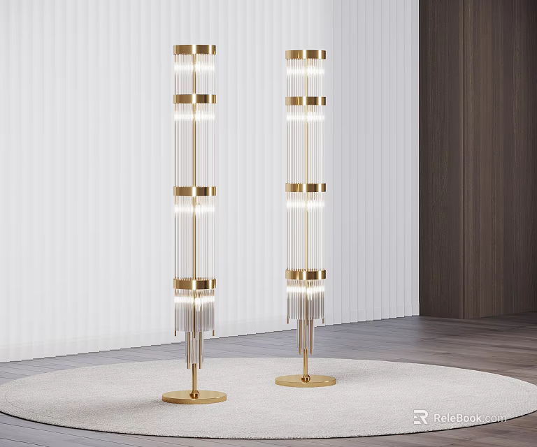 Modern Gold Floor Lamp With Layered Glass Pendant Design On Round White Rug 3d model 