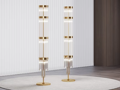 Modern Gold Floor Lamp With Layered Glass Pendant Design On Round White Rug 3d model