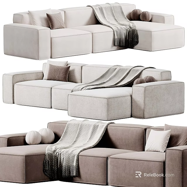 Modern Sectional Sofa In Neutral Tones With Soft Throw Pillows And Knitted Blanket 3d model 