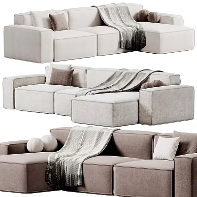 Modern Sectional Sofa In Neutral Tones With Soft Throw Pillows And Knitted Blanket 3d model
