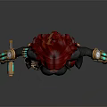 Game Movie Character with Red Hair Black Outfit Gold Red Accents Green Glowing Combat Gear