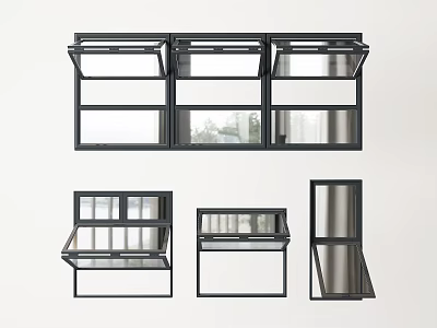 Various Black Frame Window Designs With Different Opening Styles And Glass Panels 3d model