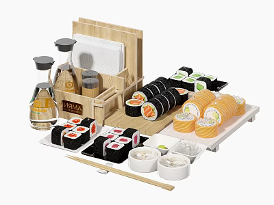 Assorted Sushi Platter with Different Maki Rolls Bamboo Container Soy Sauce Bottles and Chopsticks 3d model