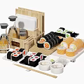 Assorted Sushi Platter with Different Maki Rolls Bamboo Container Soy Sauce Bottles and Chopsticks