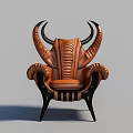 Brown Leather Single Chair With Curved Horn Shaped Arms And Black Tapered Legs
