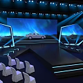 Car Show Stage Setup With Large Screen Aurora Background And Stage Lights White Chairs 3d model