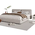 Modern Double Bed with Upholstered Headboard Light Sheets Brown Blankets Nightstands Green Plant and Rug