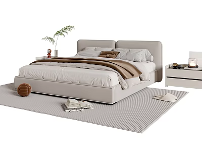 Modern Double Bed with Upholstered Headboard Light Sheets Brown Blankets Nightstands Green Plant and Rug 3d model