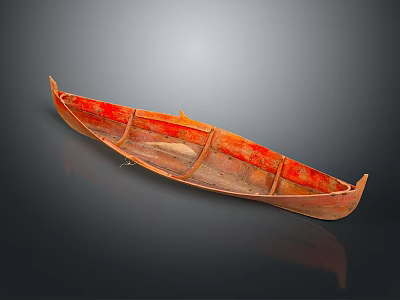 Traditional Wooden Canoe With Red Painted Hull And Classic Watercraft Design 3d model