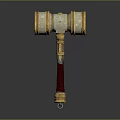 Ornate Double Headed Hammer Featuring Golden Accents Red Handle and Green Gem