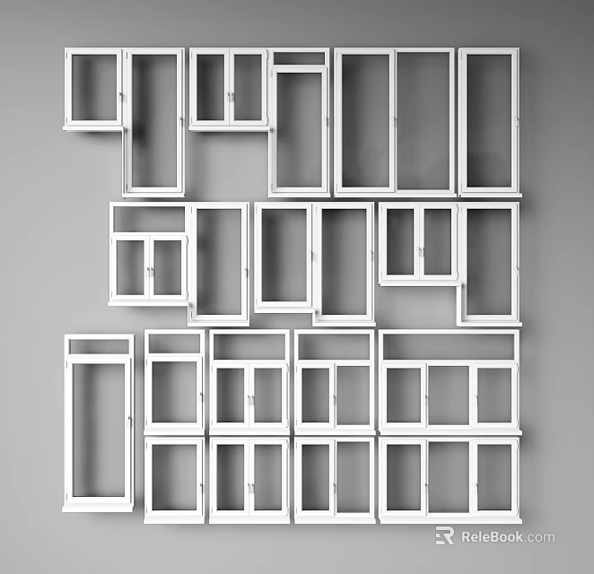 Modern White Window Frames Arranged in Combined Pattern on Gray Background 3d model
