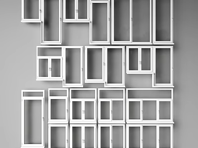 Modern White Window Frames Arranged in Combined Pattern on Gray Background 3d model