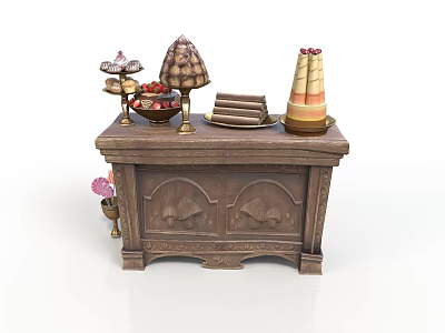 Vintage Wooden Cabinet With Dessert Display Cake Stand Fruit Bowl And Chocolate Bars 3d model