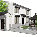 Traditional Chinese Courtyard Garden with White Architecture Pavilion Lush Greenery and Stone Pathway