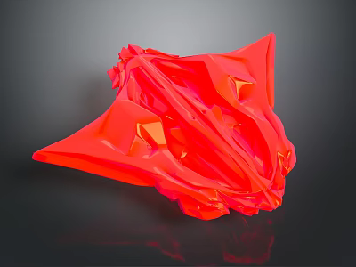 Red Abstract Sculpture With Geometric Facets And Irregular Folds On Black Background With Reflection 3d model