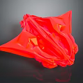 Red Abstract Sculpture With Geometric Facets And Irregular Folds On Black Background With Reflection