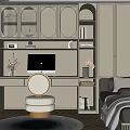 Tatami Bedroom Interior With Built-in Cabinets Desk Round Stool And Decorative Rug