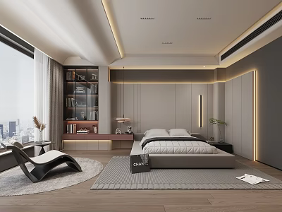 Minimalist Modern Bedroom Interior Design With Floor to Ceiling Window Gray Rug And Wooden Flooring 3d model