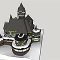 Snow Covered Detached Villa With Pitched Roof Turrets And Green White Exterior