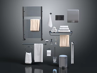 Essential Bathroom Supplies With Towel Rack Towels Toilet Paper Holder And Trash Can 3d model