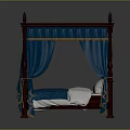 Dark Wooden Carved Four Poster Bed with Blue Canopy Drapes Gold Trim and White Pillows