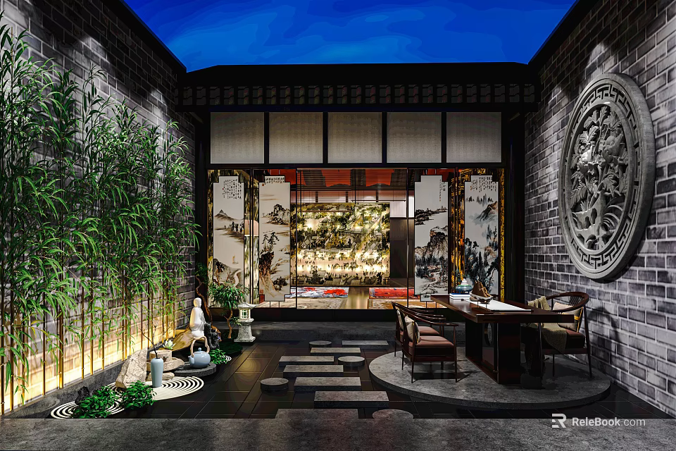 Traditional Chinese Garden Landscape With Bamboo Stone Path Carvings And Ink Painting Screen 3d model 